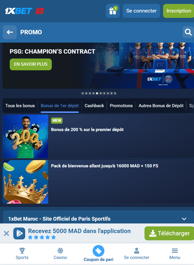 Bonus et promotions 1xBet au Maroc