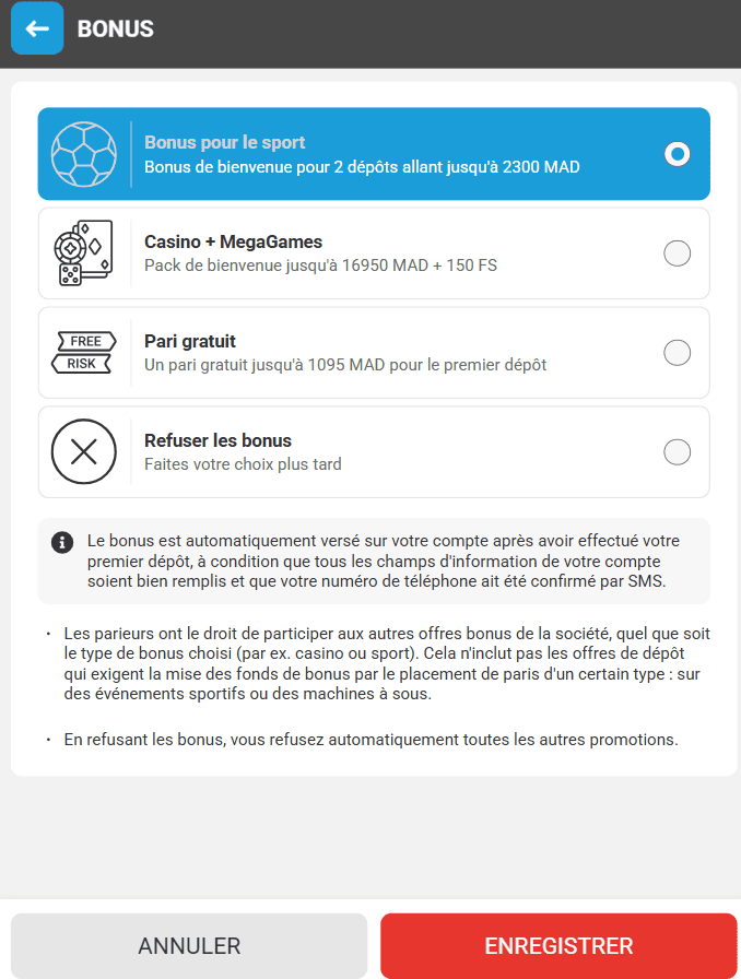 Bonus et promotions Megapari au Maroc