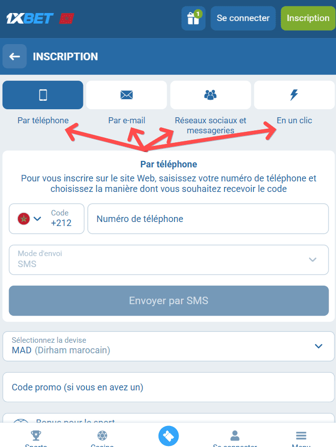 Comment s'inscrire sur 1xBet au Maroc